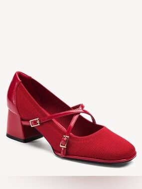 NIB Newbella Red Mary Jane Cross Strap Block Heel Pumps Size 8.5